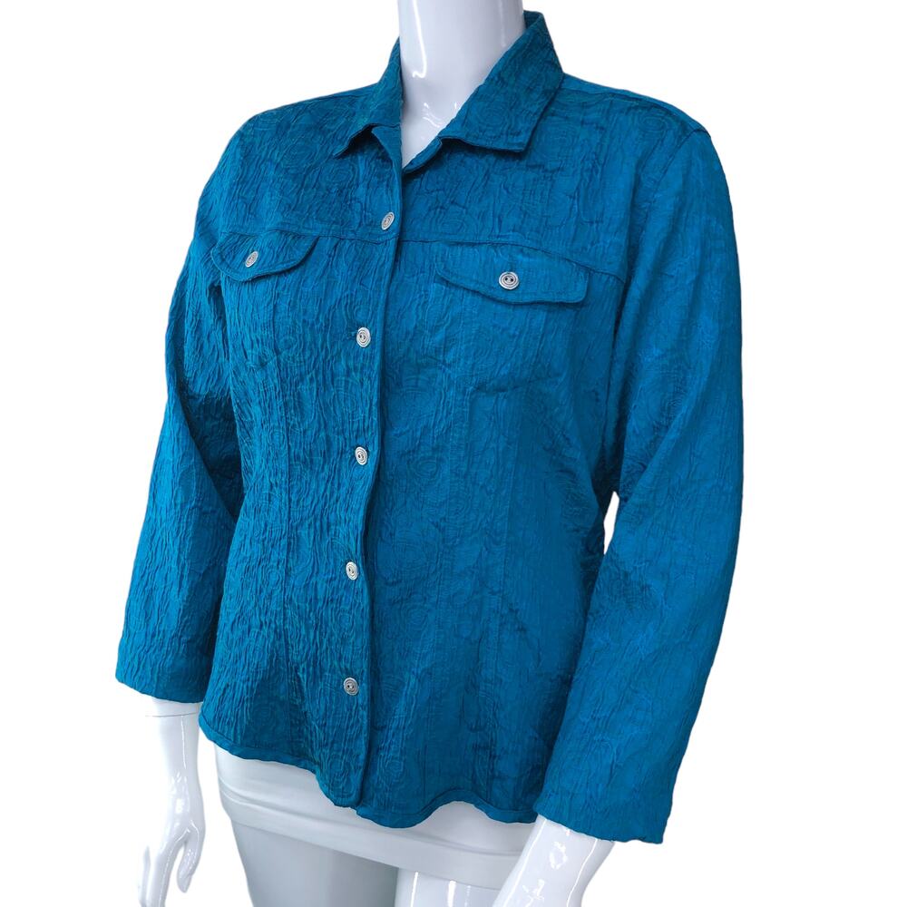 Chicos Womens Size 2 US 12 L Blue Button Front Jacket Textured Cotton Blend
